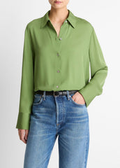 Stretch-Silk Button-Front Blouse in Long Sleeve - CLOVER