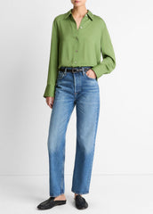 Stretch-Silk Button-Front Blouse in Long Sleeve - CLOVER