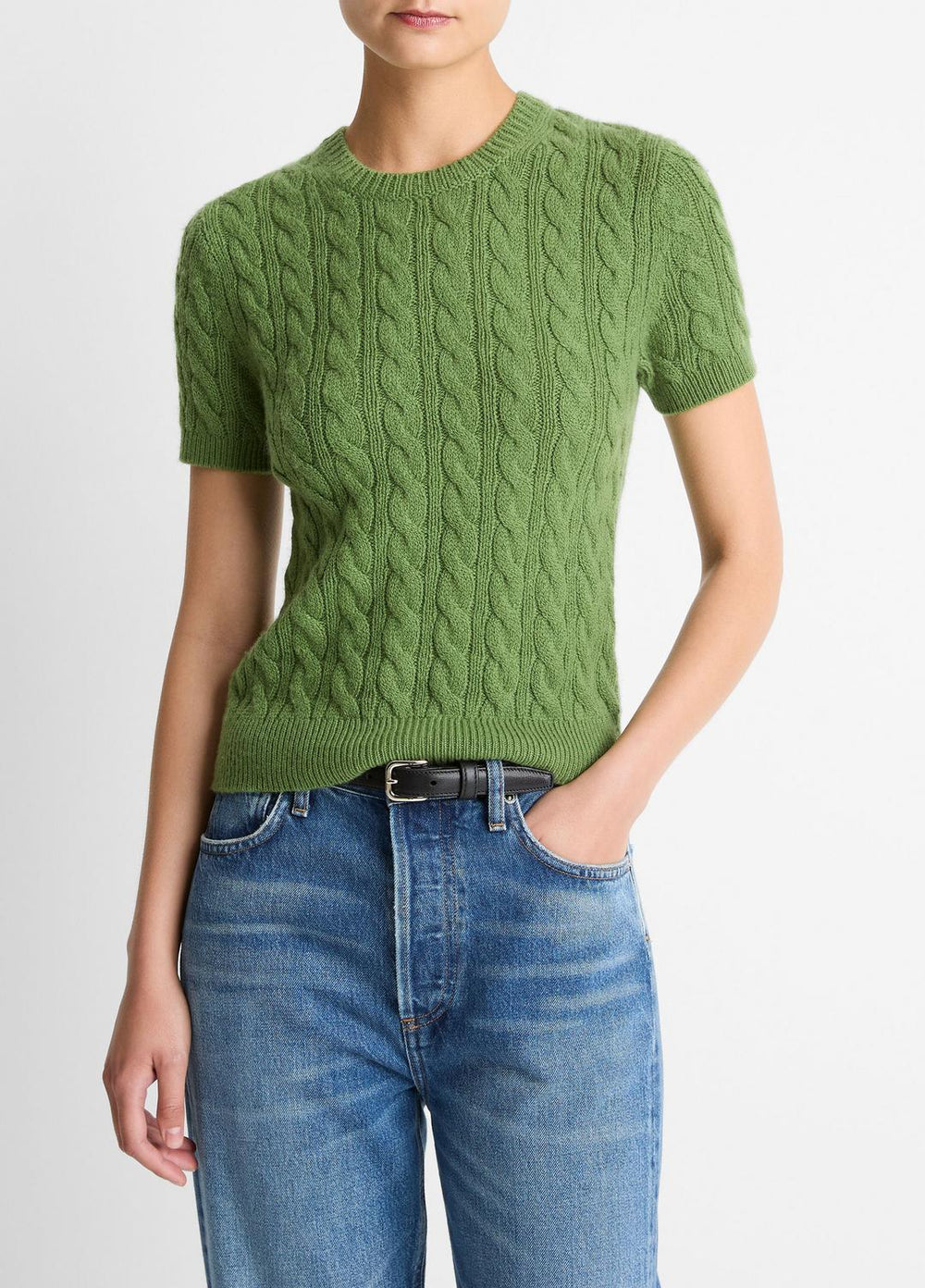 Cable-Knit Wool & Cashmere-Blend Short-Sleeve Sweater in Crew Neck - CLOVER