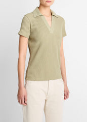 Ribbed Cotton-Blend Polo Shirt in Short Sleeve - OLIVE STONE