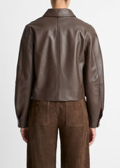 Leather Cropped Zip-Front Jacket in Leather Jackets - CHOCOLATE