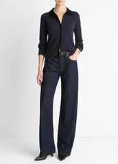 Contrast-Trim Wool & Cashmere-Blend Collared Cardigan in Cardigans - NIGHT MARINE/BLACK