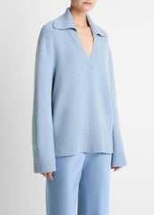 Wool & Cashmere-Blend Oversized Polo Sweater in V-Neck - PACIFIC