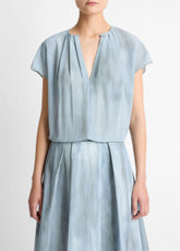 Washed Ombré Silk Gathered Cap-Sleeve Blouse in Short Sleeve - AZURA WASH