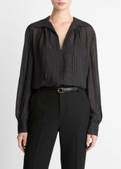 Metallic-Stripe Gathered Blouse in Long Sleeve - BLACK