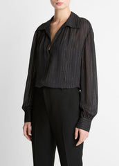 Metallic-Stripe Gathered Blouse in Long Sleeve - BLACK