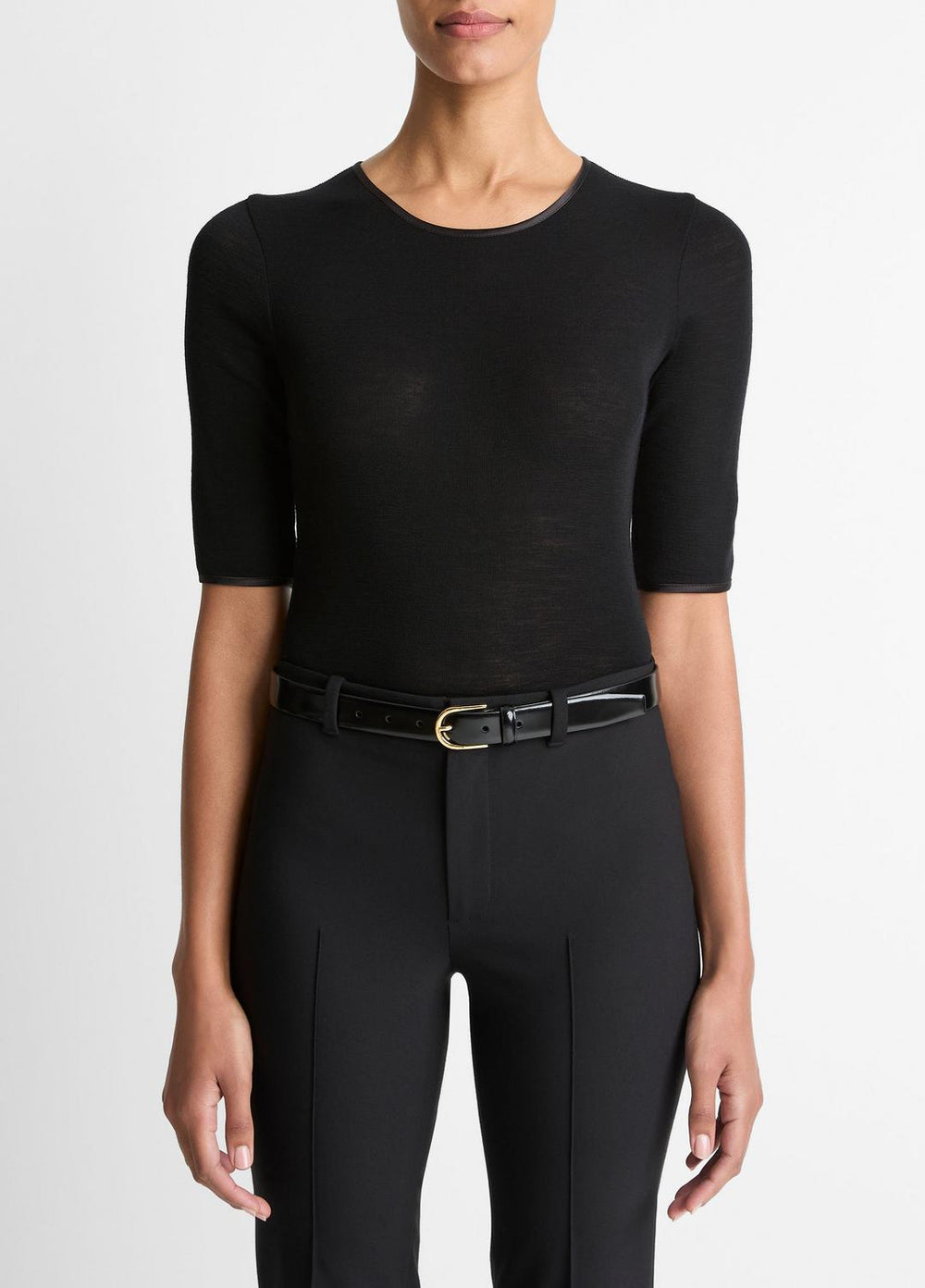 Satin-Trim Wool Elbow-Sleeve T-Shirt in Short Sleeve - BLACK