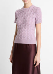 Cable-Knit Wool & Cashmere-Blend Short-Sleeve Sweater in Crew Neck - AMETHYST