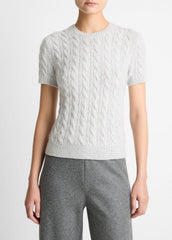 Cable-Knit Wool & Cashmere-Blend Short-Sleeve Sweater in Crew Neck - HEATHER PALE GREY
