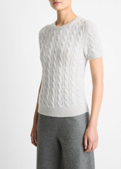 Cable-Knit Wool & Cashmere-Blend Short-Sleeve Sweater in Crew Neck - HEATHER PALE GREY