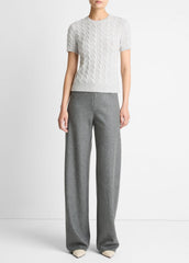 Cable-Knit Wool & Cashmere-Blend Short-Sleeve Sweater in Crew Neck - HEATHER PALE GREY
