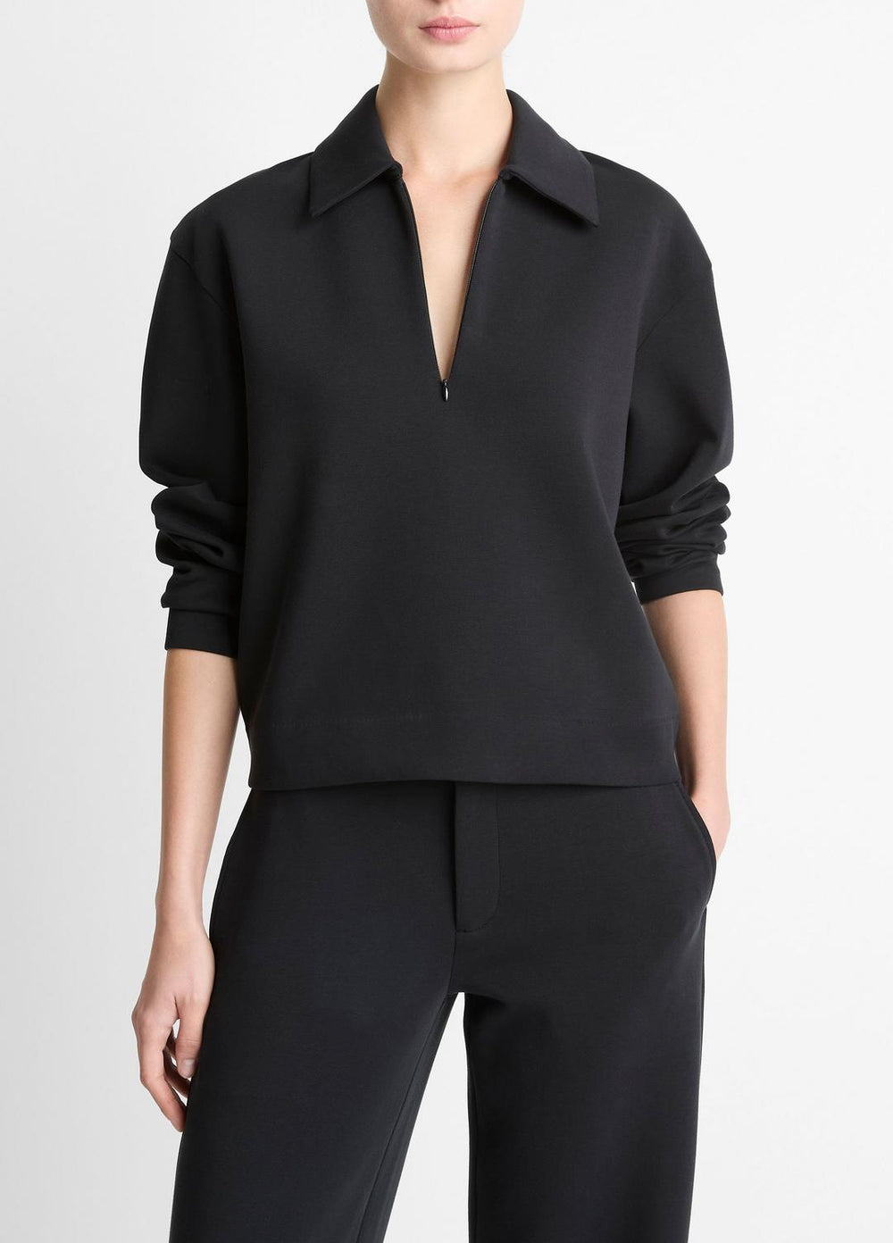 Cotton-Blend Half-Zip Pullover in Long Sleeve - BLACK