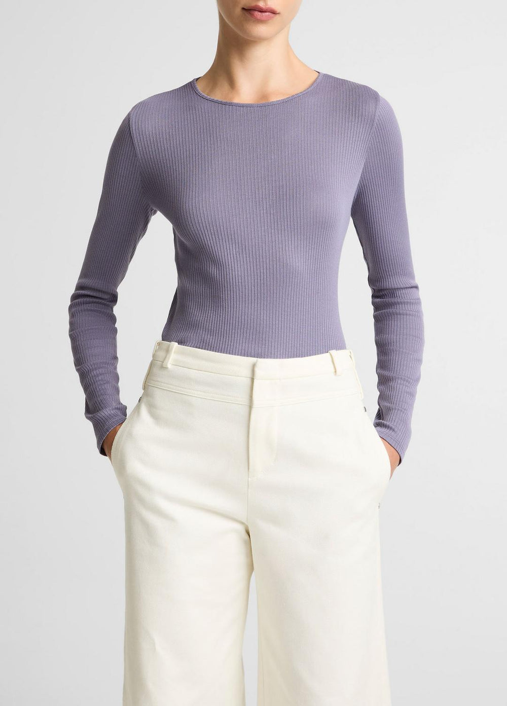 Ribbed Pima Cotton Long-Sleeve T-Shirt in Long Sleeve - MAUVE IRIS