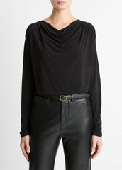 Matte Jersey Cowl-Neck Top in Long Sleeve - BLACK