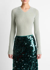 Metallic Ribbed High V-Neck Sweater in V-Neck - LIGHT ALOE STONE METALLIC