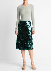 Metallic Ribbed High V-Neck Sweater in V-Neck - LIGHT ALOE STONE METALLIC