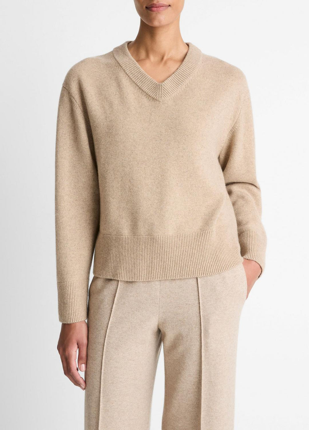 Wool-Cashmere V-Neck Sweater in V-Neck - HEATHER MARZIPAN