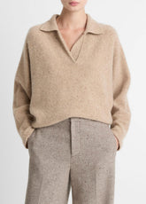 Donegal Plush Cashmere Dolman-Sleeve Polo Sweater in Cashmere - HEATHER OAT DONEGAL