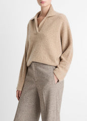 Donegal Plush Cashmere Dolman-Sleeve Polo Sweater in Cashmere - HEATHER OAT DONEGAL