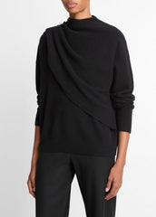 Draped-Shawl Wool-Cashmere Sweater in Turtleneck - BLACK