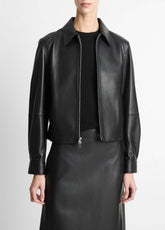 Leather Cropped Zip-Front Jacket in Jackets - BLACK
