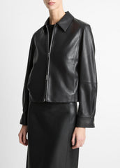 Leather Cropped Zip-Front Jacket in Jackets - BLACK