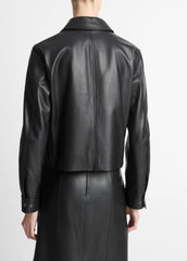 Leather Cropped Zip-Front Jacket in Jackets - BLACK