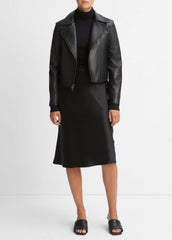 Leather Cross-Front Moto Jacket in Leather Jackets - BLACK