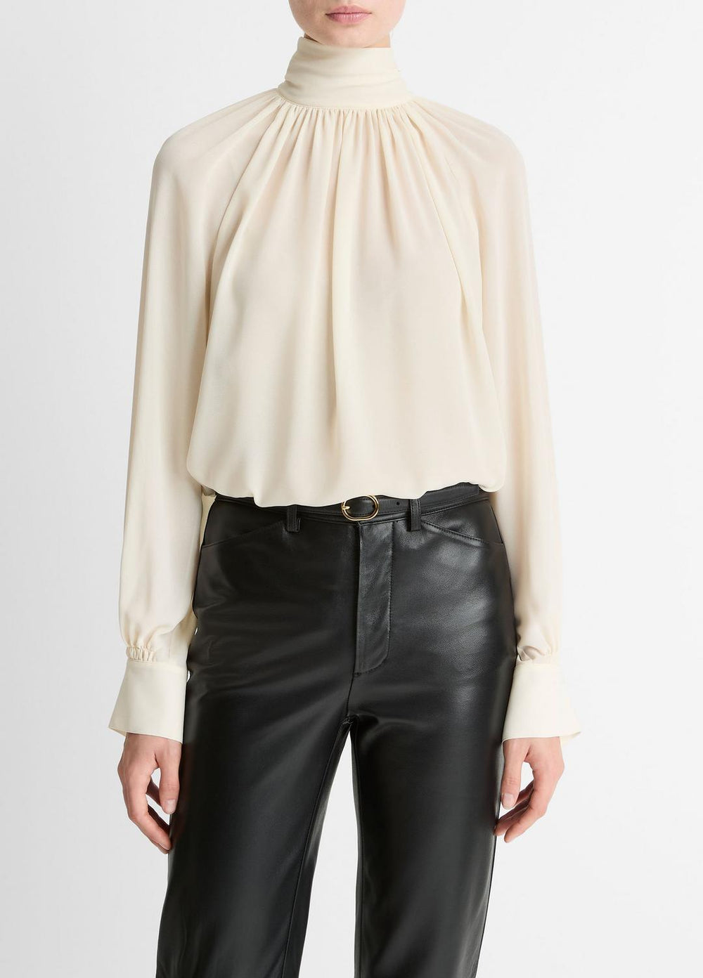Gathered Draped-Neck Crepe Blouse in Long Sleeve - CREAM