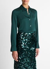 Silk-Blend Slim Button-Front Blouse in Long Sleeve - JUNIPER