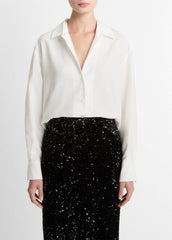 Refined Twill Covered-Button Shirt in Long Sleeve - LIGHT CREAM