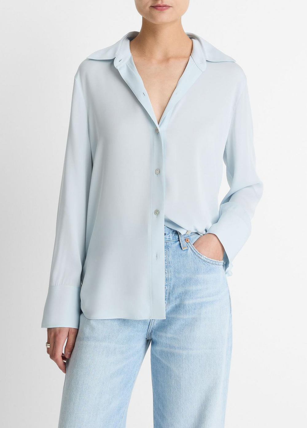 Stretch-Silk Button-Front Blouse in Long Sleeve - GLACIER