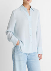 Stretch-Silk Button-Front Blouse in Long Sleeve - GLACIER