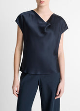 Silk Cowl-Neck Blouse in Short Sleeve - COASTAL BLUE