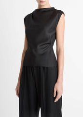 Satin Draped Cowl-Neck Top in Tank Tops - BLACK