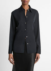 Stretch-Silk Button-Front Blouse in Long Sleeve - BLACK
