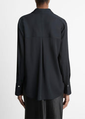 Stretch-Silk Button-Front Blouse in Long Sleeve - BLACK
