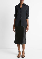 Stretch-Silk Button-Front Blouse in Long Sleeve - BLACK