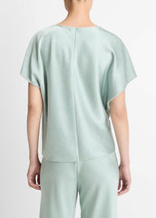 Draped Satin Dolman-Sleeve Blouse in Short Sleeve - ALOE STONE