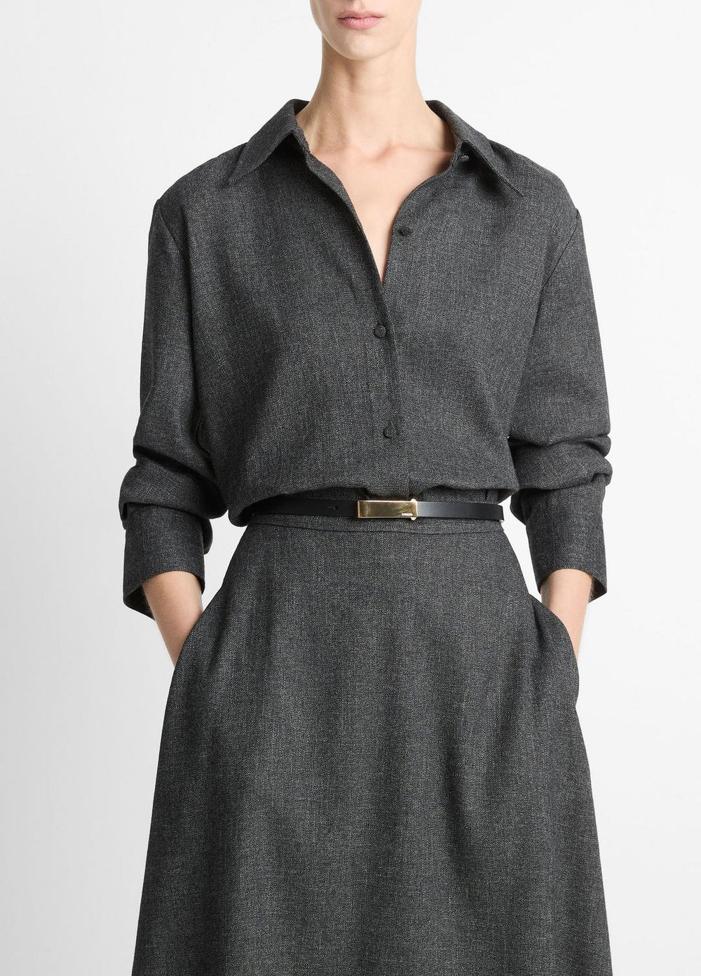 Italian Jaspe Relaxed Button-Front Shirt in Long Sleeve - MEDIUM HEATHER GREY