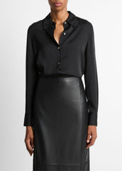 Silk-Blend Slim Button-Front Blouse in Long Sleeve - BLACK