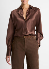 Silk Bias Long-Sleeve Blouse in Long Sleeve - ESPRESSO