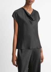 Silk Cowl-Neck Blouse in Short Sleeve - BLACK