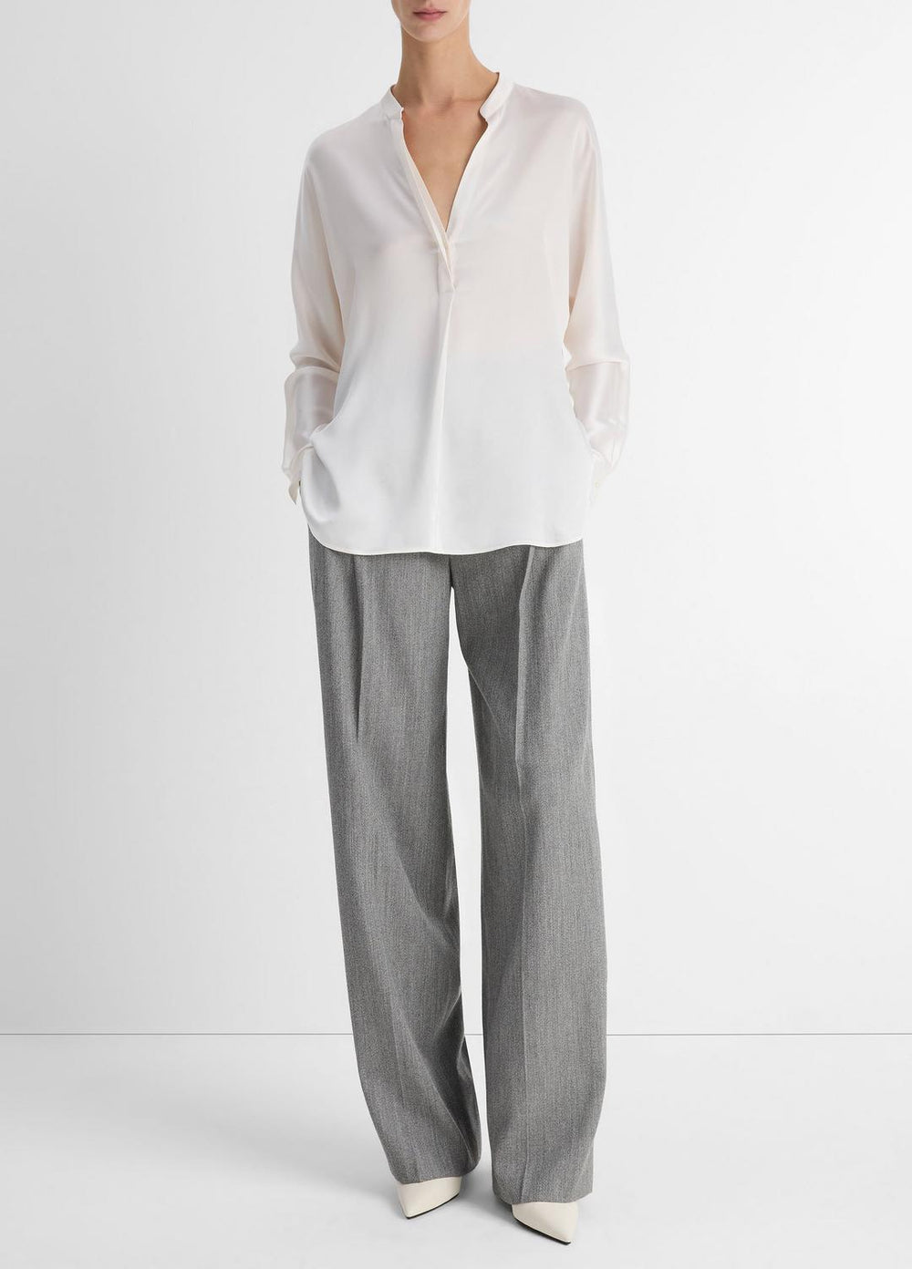 Silk Satin Band-Collar Blouse in Long Sleeve - OPTIC WHITE