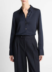Silk-Blend Slim Button-Front Blouse in Long Sleeve - COASTAL BLUE