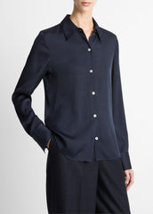 Silk-Blend Slim Button-Front Blouse in Long Sleeve - COASTAL BLUE