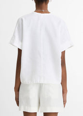 Linen Drawcord-Hem Blouse in Short Sleeve - OPTIC WHITE