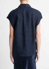 Linen Cap-Sleeve Button-Front Blouse in Short Sleeve - COASTAL BLUE