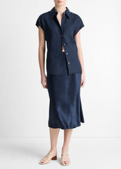 Linen Cap-Sleeve Button-Front Blouse in Short Sleeve - COASTAL BLUE
