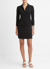 Three-Quarter-Sleeve Button-Front Polo Top in Long Sleeve - BLACK